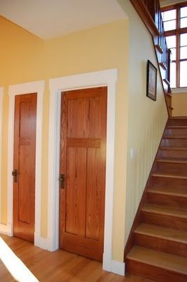 white and natural wood trim- does it work together? Wood Doors White Trim, Craftsman Style Front Doors, Stained Wood Trim, Natural Wood Trim, White Baseboards, Stained Trim, Painted Interior Doors, Stained Doors, Oak Trim