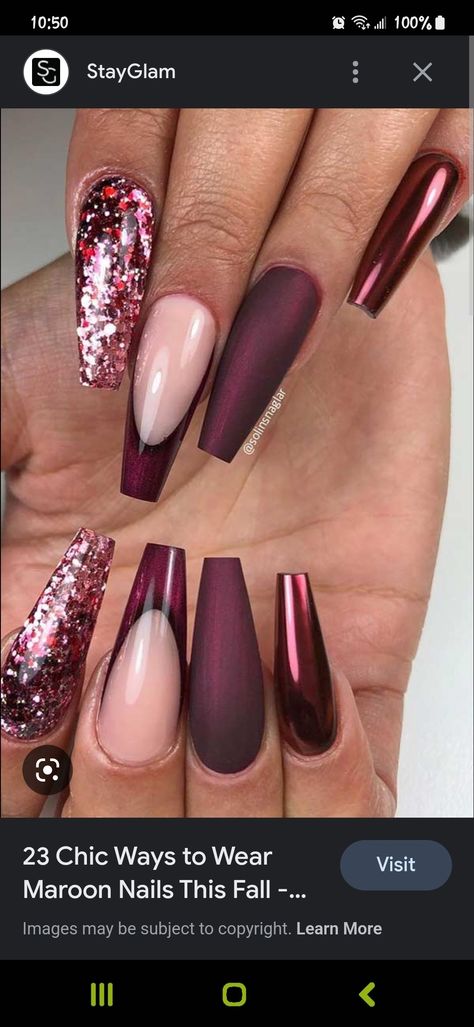 Maroon Acrylic Nails, Maroon Nail Designs, Burgundy Acrylic Nails, Maroon Nails, Gold Glitter Nails, Matte Nails Design, Almond Acrylic Nails, Burgundy Nails, Homecoming Nails