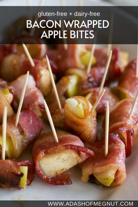 Easy Appetizers To Make, Dairy Free Holiday Appetizers, Gluten And Dairy Free Apps, Bacon Wrapped Apple Slices, Appetizers Using Apples, Fall Appetizers Dairy Free, Dairy Free Gluten Free Appetizers For Party, Gluten Free Appetizer Recipes Easy, Bacon Wrapped Apples