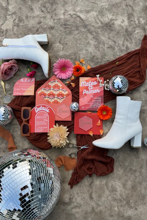 Dolly Parton Wedding Theme, Disco Wedding Flatlay, 70s Inspired Wedding Invitations, Groovy Wedding Aesthetic, 70's Wedding Inspiration, Retro Desert Wedding, 70s Disco Wedding Theme, Retro Fall Wedding, 70s Wedding Reception