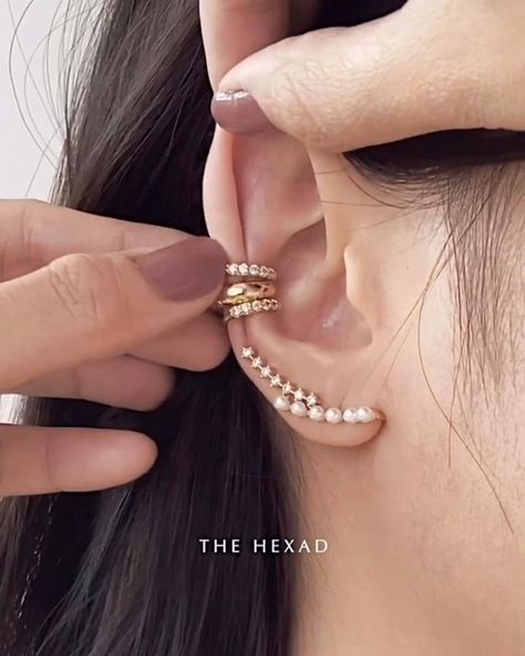 The “No Commitment Stack”. Zero piercings required. You’ll love these painless ear cuffs that slide on like a dream ✨Shop online at www.thehexad.com Christina Piercing, Second Ear Piercing, Unique Ear Piercings, Ear Peircings, Ear Tops, No Commitment, Ear Piercings Helix, Cool Ear Piercings, Pretty Ear Piercings