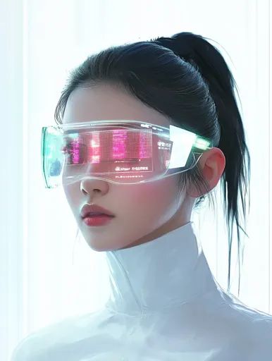 ↑↑↑ Larger size on website 🔸 A young woman with long black hair tied up in a ponytail is wearing futuristic, transparent goggles Futuristic Hair, Texture Graphic Design, Cyberpunk Aesthetic, Green Led, Long Black Hair, Space Party, Advanced Technology, Retro Futurism, Headdress