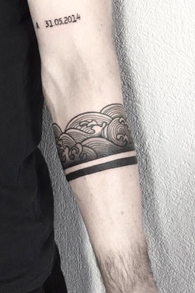 Band tattoo #geometric #bandtattoo #blackandgrey #blackwork #waves #tattooart #xystudio #ink #inked #art #btattooing #skinartmag #inkjecta Ankle Band Tattoo, Japanese Wave Tattoos, Leg Band Tattoos, Band Tattoos For Men, Tattoo Band, Cuff Tattoo, Forearm Band Tattoos, Band Tattoo Designs, Wave Tattoo