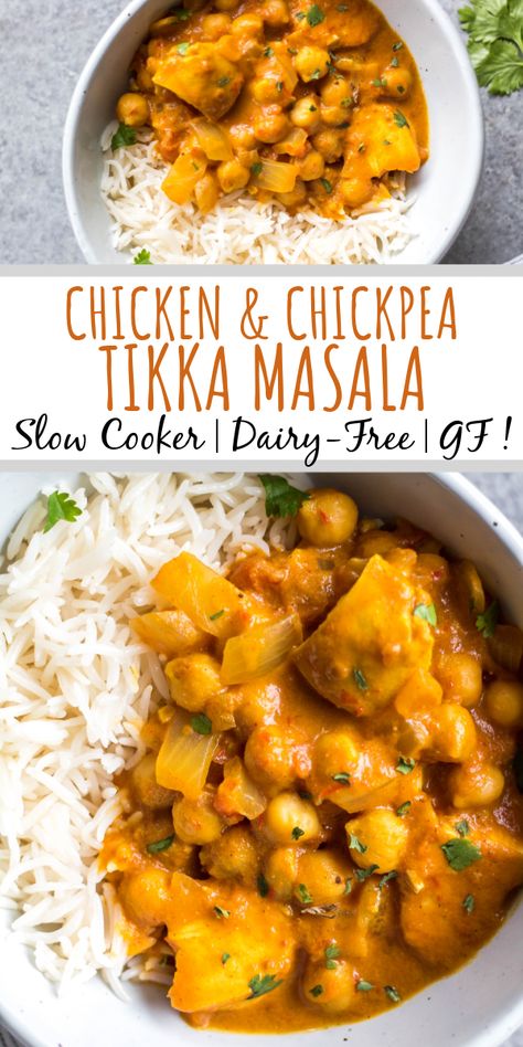 This easy slow cooker chicken and chickpea tikka masala is so simple to throw into your crock pot, and it's a lightened up, dairy-free and gluten-free version. Made with chickpeas (garbanzo beans), juicy chicken and a flavorful sauce, this recipe is perfect for a healthy weeknight meal or meal prep lunches. #slowcooker #dairyfreerecipes #glutenfreeslowcooker #chickenslowcookerrecipes Crockpot Dairy Free, Chicken And Chickpea Curry, Slow Cooker Tikka Masala, Chickpea Tikka Masala, Spicy Sausage Pasta, Hearty Recipes, Chicken Chickpea, Easy Slow Cooker Chicken, Slow Cooker Apples