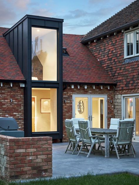 Brick Dormer, Zinc Dormer Window, Modern Cottage Extension, Contemporary Loft Conversion, Angled Extension, Dormer Balcony, Zinc Extension, Farmhouse Extension, Dormer Architecture