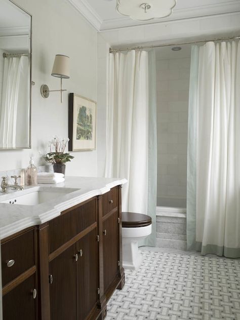 Phoebe Howard: Elegant bathroom design with marble basketweave tiles floor, wood bathroom vanity with ... Two Shower Curtains, Double Shower Curtain, Elegant Bathroom Design, Toilet Sink, Wood Bathroom Vanity, Double Shower, Bathing Beauty, White Shower Curtain, Custom Bathroom