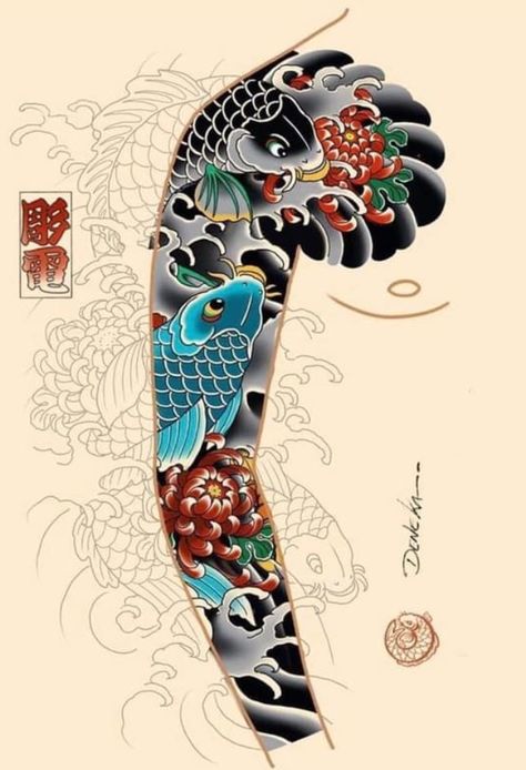 Dragon Koi Tattoo Design, Tato Irezumi, Traditional Japanese Tattoo Sleeve, Japanese Hand Tattoos, Samurai Tattoo Sleeve, Koi Tattoo Sleeve, Traditional Japanese Tattoo Designs, Tiger Tattoo Sleeve, Full Hand Tattoo