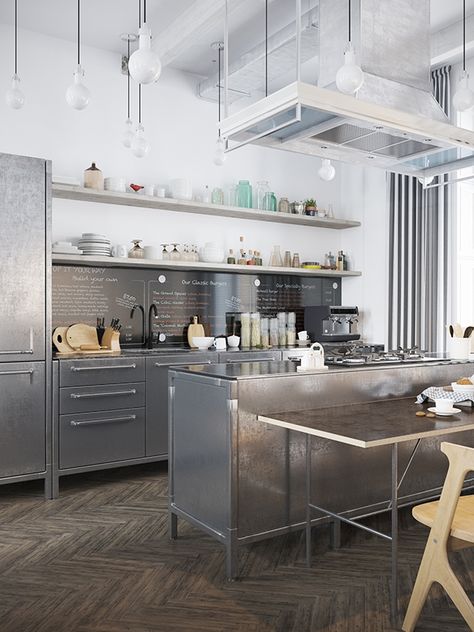 Scandinavian apartment in Murmansk (march, 2014) on Behance Paris January, Stainless Steel Kitchen Island, Modern Industrial Interior, Scandinavian Kitchen Design, Industrial Kitchen Design, Industrial Style Kitchen, Stainless Kitchen, Covet House, Future Kitchen