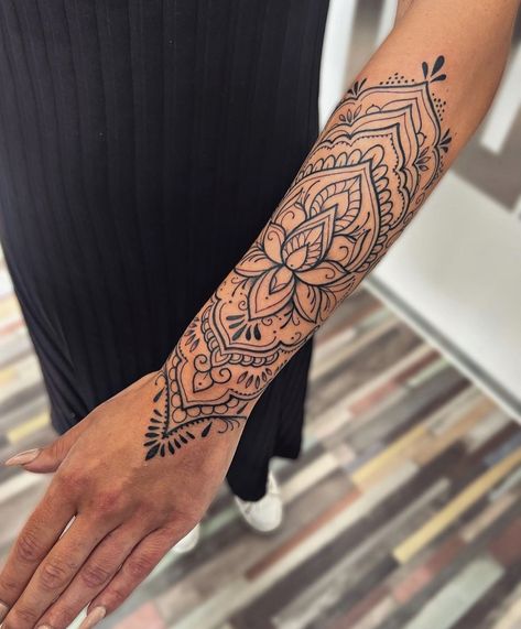 Forearm Mandala Tattoo, Lace Sleeve Tattoos, Mandala Arm Tattoos, Mandala Tattoos For Women, Mandala Wrist Tattoo, Mandela Tattoo, Floral Mandala Tattoo, Mandala Hand Tattoos, Mandala Tattoo Sleeve