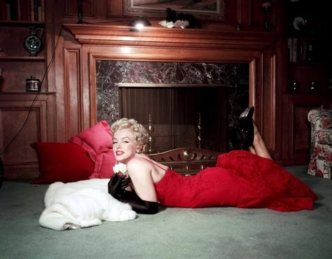 Marilyn in red lace dress and black leather opera gloves photo by Gene Lester, 1956 Red Lace Gown, Rare Marilyn Monroe, Earl Moran, White Carnation, Gentlemen Prefer Blondes, Marilyn Monroe Photos, Marlene Dietrich, Norma Jean, Norma Jeane