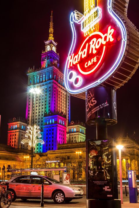 Warsaw at night - The Palace of Culture and science Warsaw Restaurant, Poland Aesthetic, Travel Poland, Poland Warsaw, Portugal Beach, Europe City, Poland Travel, European Culture, City Vibe