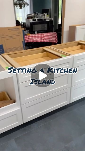 Jessica + Scott | DIY, Renovations & Home Building on Instagram: "Setting and securing kitchen island cabinets over tile!  Making sure it’s secure and doesn’t slide is super important!   #kitchenrenovation #homerenovation #newkitchen #newcabinets #installingcabinets #jshome" Kitchen Island Specs, Mobile Home Island Remodel, Dairy Table Kitchen Island, Remodel Kitchen Island, Kitchen Island Side Storage, Kitchen Island As Table, Diy Bar Island, Kitchen Island Storage Both Sides, Creative Kitchen Island Ideas