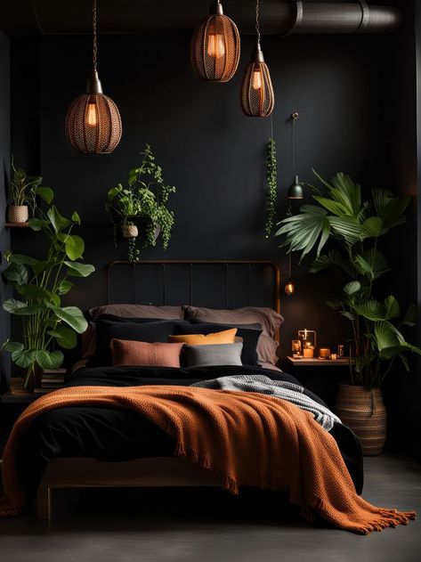 http://cozyspiritstudio.etsy.com Black Bedroom Decor, Boho Bedroom Ideas, Night Owls, Dark Home Decor, Bedroom Wall Colors, Bedroom Decor Cozy, Room Makeover Bedroom, Bedroom Green, Master Bedrooms Decor