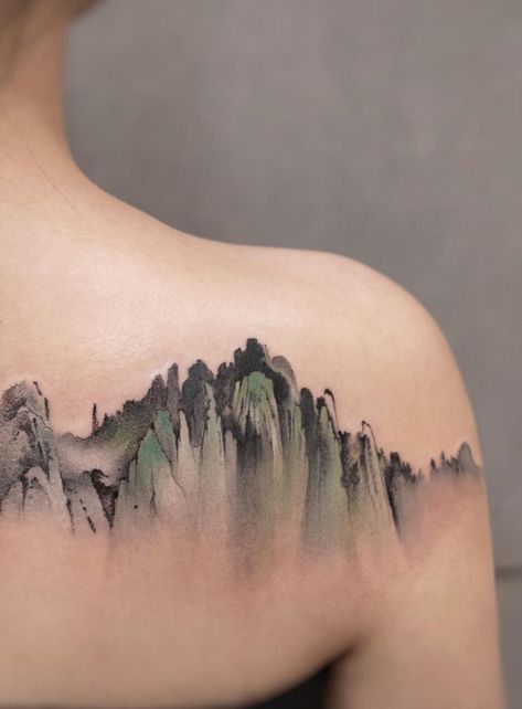 Mountains Back Tattoo, Japanese Mountain Tattoo, Patagonia Tattoo, Ivory Tattoo, Taiwanese Tattoo, Mist Tattoo, Watercolor Mountains Tattoo, Moutain Tattoos, Waterfall Tattoo