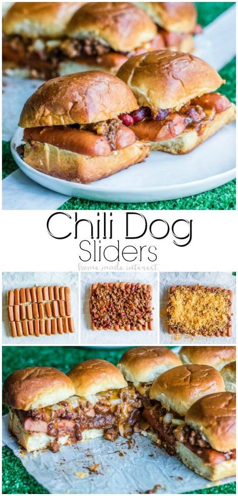 Chili Dog Sliders | These easy Chili Dog Sliders are a football party food idea that is going to be a hit on game day! Chili dogs on soft slider rolls are the perfect appetizer recipe for feeding a crowd at your football party. #ad #PartyonMom #football #chilidog #sliders #appetizer #partyfood Gameday Food Football Sliders, Chili Dog Sliders, Chili Dogs For A Crowd, Something Out Of Nothing Recipes, Partyfood Ideas, Hot Dog Sliders, Chili Hotdogs, Game Day Sliders, Game Day Chili