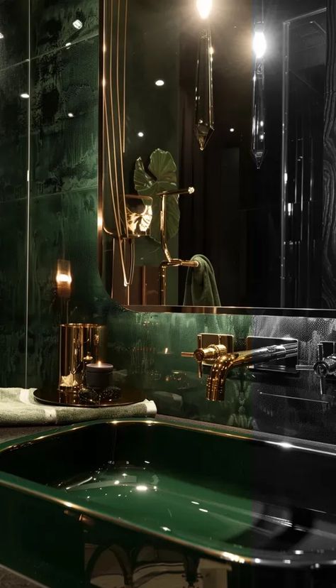 Full Color Image in ai-img-gen.com 🔸 bathroom interior view, in emerald green with gold hardware, a dark brown wood details, contemporary... 🔸 From Midjourney AI Image Emerald Bathroom Decor, Emerald Green Bathrooms, Dark Green Luxury Aesthetic, Green And Copper Bathroom, Emerald And Gold Aesthetic, Dark Green And Gold Bathroom, Emerald Green And Gold Bathroom, Gold And Green Bathroom, Gold And Green Aesthetic