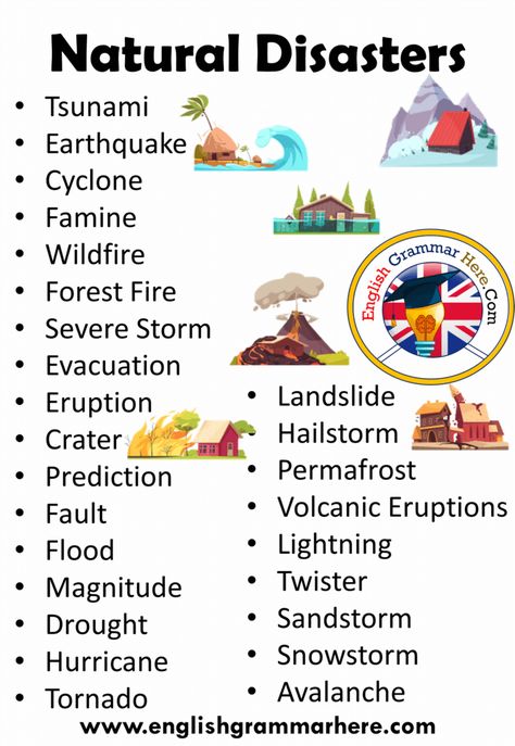 Natural Disasters Names in English, Disasters List and Definition Natural Disasters Names in English If you want to understand what is said more clearly while watching news and TV series in English, you need to improve your English vocabulary first. You can improve yourself in a short time by practicing English vocabulary tests. It can also be useful to group and memorize English words in different categories. Can I learn English by myself? Ways to improve your English by yourself Today, we ... News Vocabulary, Nature Vocabulary, Weather Vocabulary, English Teaching Materials, English Speaking Practice, Improve Your Vocabulary, English Learning Spoken, English Vocab, Natural Disaster