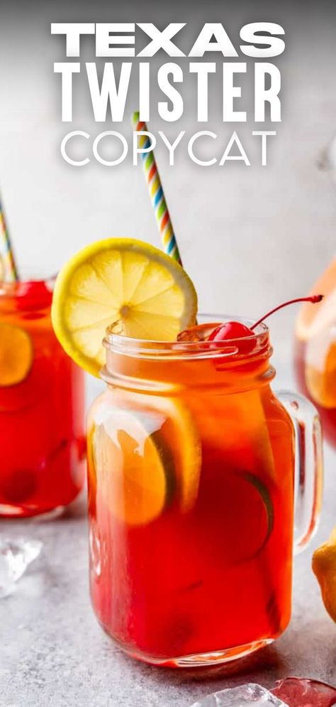 A mason jar glass of Texas Twister fruit punch with a colorful straw and garnished with a lemon slice. Texas Twister Drink Recipe, Texas Tea Recipe, Twister Party, The Stay At Home Chef, Texas Tea, Stay At Home Chef, Summer Eats, I Am Baker, Summer Eating