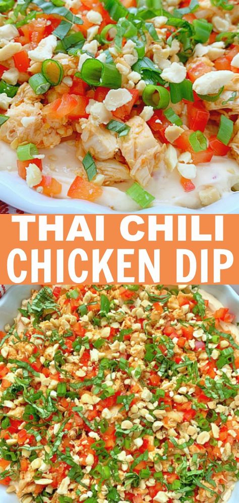 Thai Chili Chicken Dip | Foodtastic Mom #diprecipes #dipsandappetizers Asian Chicken Dip, Thai Chicken Dip, Thai Appetizer Recipes Easy, Asian Dips Appetizers, Thai Appetizers For Party, Unique Dip Recipes, Thai Food Appetizers, Asian Appetizers For Party, Thai Appetizer Recipes