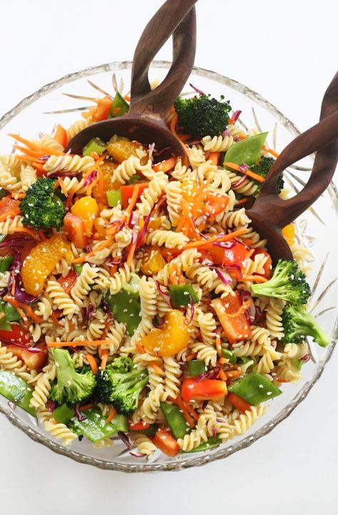 Asian Pasta Salad (Gluten-Free, Vegan) | Strength and Sunshine | The most delicious Asian Pasta Salad recipe that's gluten-free, vegan, and allergy-friendly! This super easy and flavor-packed cold pasta salad is loaded with bright and crisp fresh veggies and tossed with an amazing soy-free dressing that's the perfect balance of tangy, sweet, spicy, and umami! Perfect for a potluck or side dish to feed a crowd! Peanut Noodle Pasta Salad, Asian Pasta Salad Recipes Cold, Asian Peanut Noodle Salad, Pasta Salad Asian, Cold Noodle Salad With Spicy Peanut Sauce, Cold Asian Glass Noodle Salad, Asian Pasta Salad Recipes, Rice Noodle Salad Peanut Sauce, Asian Pasta Salad