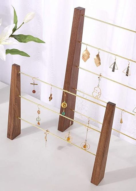 Jewelry Shoot Ideas At Home, Boutique Earring Display, Hoop Earring Holder, Modern Jewelry Display, Jewelry Shelf, Earring Display Stand, Earring Holders, Wood Jewelry Display, Jewerly Displays