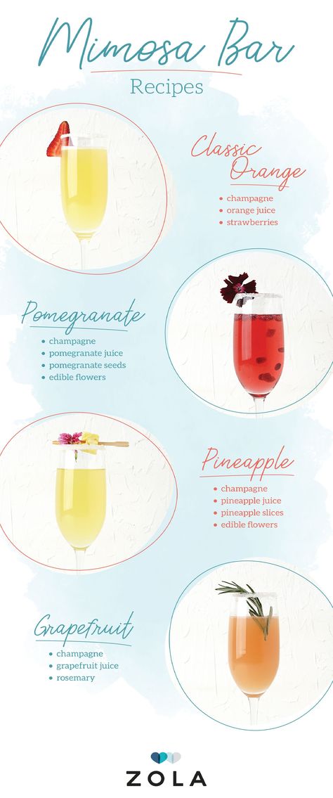 These Mimosa Bar Recipes are Perfect for Wedding Parties! | Drink & Cocktail Stations | Party Bars Cocktail Station Party, Mimosa Bar Recipe, Girls Brunch Party, Diy Mimosa Bar, Diy Mimosa, Cocktail Station, Mimosa Recipe, Girls Brunch, Mimosa Bar