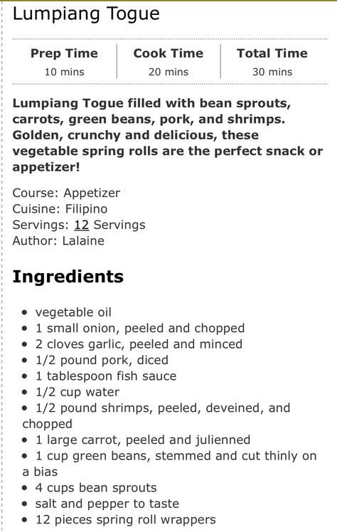 Lumpiang Togue ￼ ￼ ￼ ￼ ￼ ￼ ￼ Lumpiang Togue Recipe, Togue Recipe, Vegetable Spring Rolls, Egg Roll Recipes, Filipino Dishes, Roll Recipes, Bean Sprouts, Egg Roll, Filipino Food