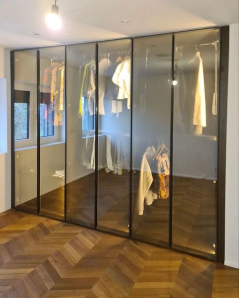 Glass door wardrobe - showroom - brown glass, metal details in RAL8019! Glass Finish Wardrobe, Fabric Glass Wardrobe, Glass Mica Wardrobe, Smoked Glass Wardrobe, Glass Door Wardrobe, Brown Glass Wardrobe, Low Cupboard, Glass Wardrobe, Glass Closet