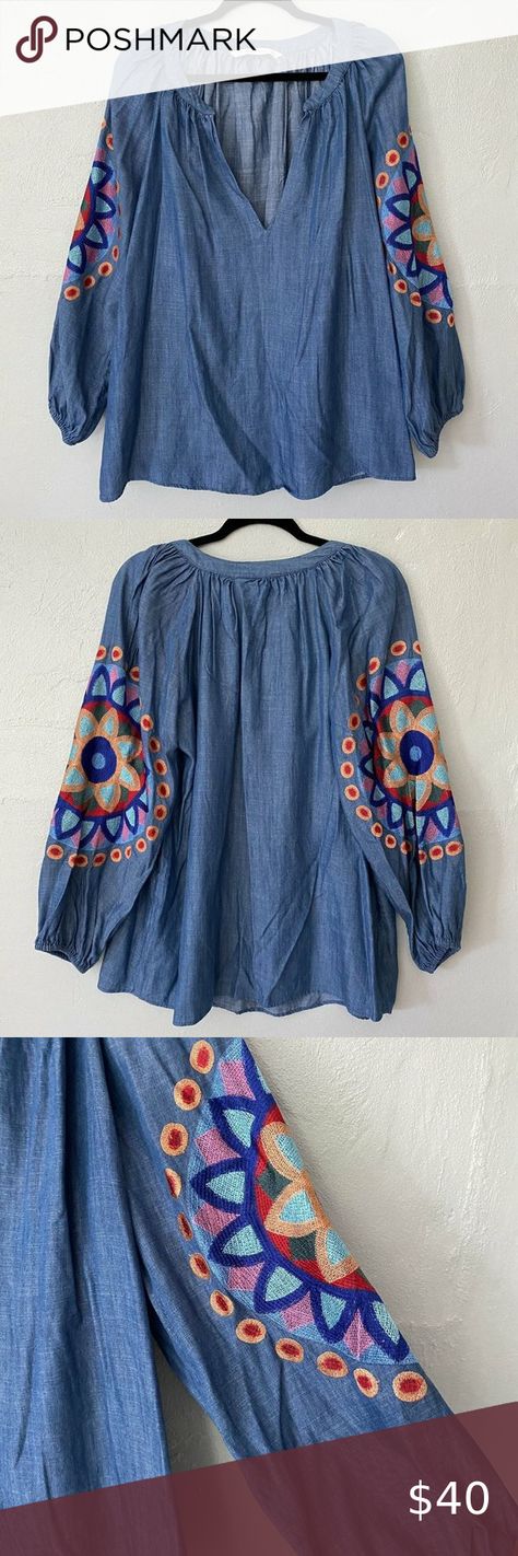 Zara Women Size XS Oversized Tunic Embroidered Sleeves Chambray Blouse Poet Boho