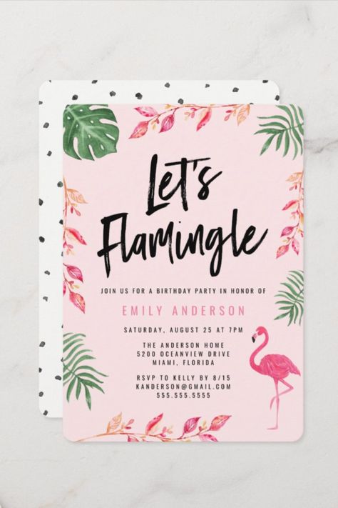 Let's Flamingle | Birthday Party Invitation Invite guests to the birthday party in style with a "Let's Flamingle" birthday party invite. The tropical birthday party invitation features the words "Let's Flamingle" in a trendy font style, watercolor tropical leaves, and of course...a pink flamingo #aloha #hawaii #tropical #flamingo #leaves #birthday #happybirthday #birthdaycards #birthdayparty Watercolor Tropical Leaves, Flamingo Baby Shower, Pool Party Birthday Invitations, Tropical Birthday Party, Let's Flamingle, Flamingo Birthday Party, Custom Baby Shower Invitations, Tropical Baby Shower, Pool Birthday