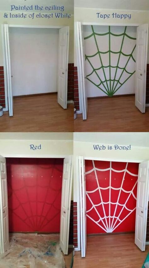 Superhero Accent Wall, Spiderman Room Paint Ideas, Marvel Room Paint Ideas, Spiderman Bedroom Wall, Spiderman Wall Art Diy, Diy Spiderman Bedroom Decor, Superhero Bedroom Paint Ideas, Spiderman Accent Wall, Spiderman Bedroom Ideas Diy