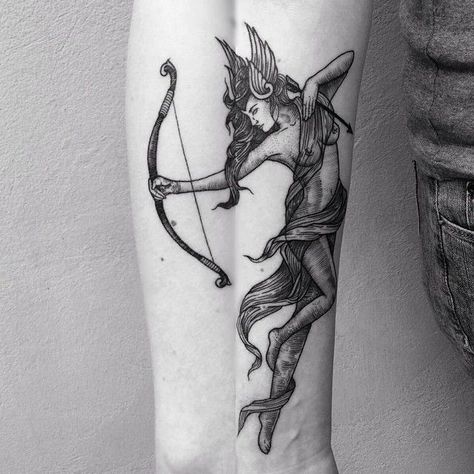 Acdc Art, Greek Goddess Tattoo, Artemis Tattoo, Archer Tattoo, Sagittarius Tattoo Designs, Sagittarius Tattoo, Goddess Tattoo, Mythology Tattoos, Greek Tattoos