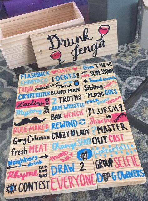 Drunk Jenga Jenga Drinking Game, Drunk Jenga, Drunk Games, Drinking Board Games, Coloring Crafts, Board Games Diy, Drinking Games For Parties, Fun Drinking Games, Fun Bridal Shower Games