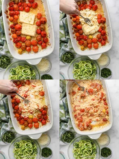 When it comes to easy low carb recipes this simple Baked Feta Pasta Recipe is the best! Simple ingredients and easy prep makes this viral Tiktok recipe variation a total winner. #easylowcarb #bakedfetapastarecipe #fetapastabake #casserole #entree #recipe #garlic #basil #cherrytomatoes #tiktok #creamy #keto #oven #delish #viral #easy #best #lowcarb #veggies #zoodles Zucchini Noodle Feta Bake, Keto Pasta Bake, Low Carb Baked Feta Pasta, Zucchini Cherry Tomato Recipes, Keto Feta Pasta, Baked Feta Zucchini Pasta, Keto Cherry Tomato Recipes, Zucchini Feta Bake, Tomato Feta Pasta Bake