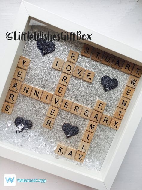 Wedding Anniversary Scrabble box frame Silver, Ruby, Golden, Diamond, freestanding or wall hung, wal Scrabble Wedding, 60 Anniversary, 25 Year Anniversary Gift, Handmade Anniversary Gifts, Scrabble Tile Crafts, Scrabble Crafts, 50th Wedding Anniversary Party, Diy Anniversary Gift, Homemade Anniversary Gifts