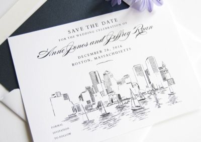 Boston Wedding Skyline Save the Date Cards Boston Wedding Invitations, Boston Skyline, Return Address Wedding, Wedding Party Invites, Commercial Printing, Custom Envelopes, Boston Wedding, Music Man, Rehearsal Dinner Invitations