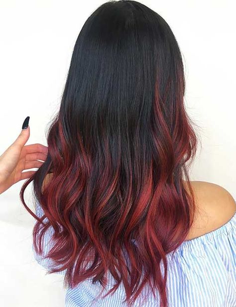 Balayage For Black Hair - Burgundy Red Balayage On Black Hair Balayage On Black Hair, Grey Balayage, Hair Burgundy, Cheveux Oranges, Ombre Hairstyles, Auburn Balayage, Black Red Hair, Balayage Hairstyles, Red Balayage