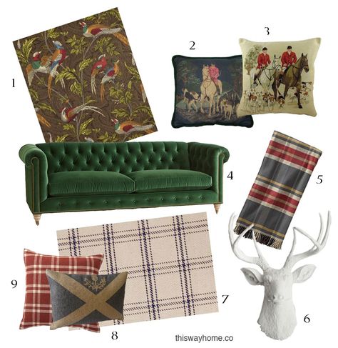 Scottish Style Decor Pheasant Wallpaper Hunting Needlepoint Pillow Plaid Blanket Throw Plaid Rug Carpet Velvet Chesterfield Couch Green Faux Taxidermy Stag Head Scottish Interiors, Scottish Decor, Scottish Cottages, Velvet Sofas, Scottish Style, Scottish Homes, Style Anglais, Interior Design Courses, Scottish Fashion