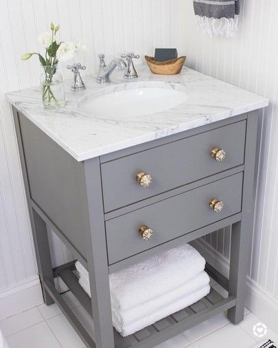 Delta Cassidy Bathroom, Small Guest Bathroom, Guest Bathroom Makeover, Small Half Baths, Delta Cassidy, Small Bathroom Sinks, Driven By Decor, Gray Vanity, Room Cabinet