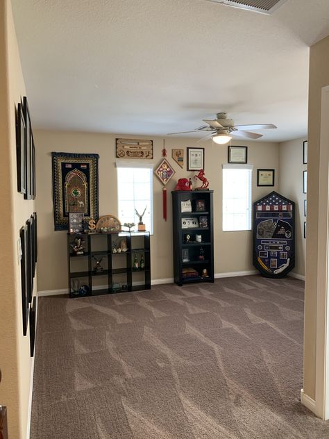 Military Office Decor Ideas, Military Office Decor, Picture Arrangements On Wall, History Room, Military Frames, Military Shadow Box, Cave Room, Wall Of Honor, Gallery Wall Ideas