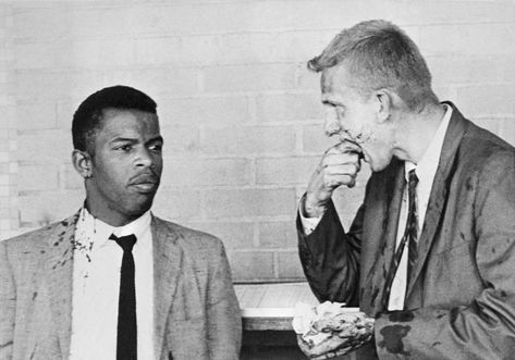 John Lewis and fellow Freedom Rider James Zwerg were attacked by pro-segregationists in Montgomery, Alabama. May 20, 1961. Lift Every Voice And Sing, Rodeo Clown, Freedom Riders, Montgomery Alabama, Civil Rights Leaders, Jim Crow, Racial Justice, Civil Rights Movement, Art News