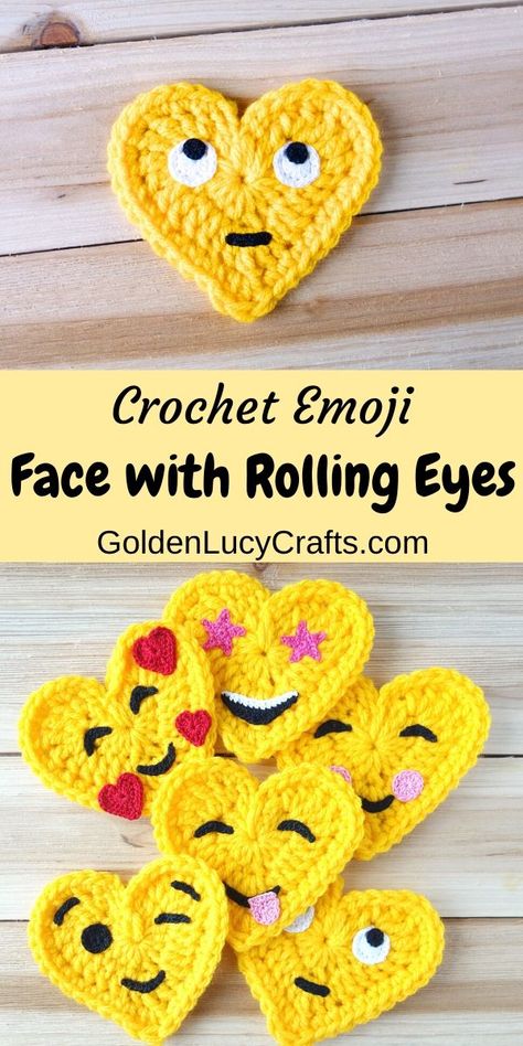 Crochet heart-shaped Face with Rolling Eyes Emoji, free crochet pattern. Crochet applique, crochet heart , decoration, embellishment. Crochet Emojis, Crochet Emoji, Eyes Crochet, Rolling Eyes, Emoji Patterns, Crochet Applique Patterns Free, Crochet Appliques, Penanda Buku, Heart Crochet