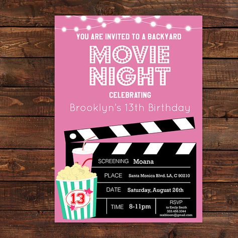 Movie Night Party Invitation, EDITABLE PDF INSTANT DOWNLOAD Movie Theme Birthday Party Invitations, Movie Night Party Invitations, Girls Movie Night, Night Party Invitation, Movie Night Birthday, Girls Night Movies, Movie Night Invitations, Night Birthday Party, Movie Night Birthday Party