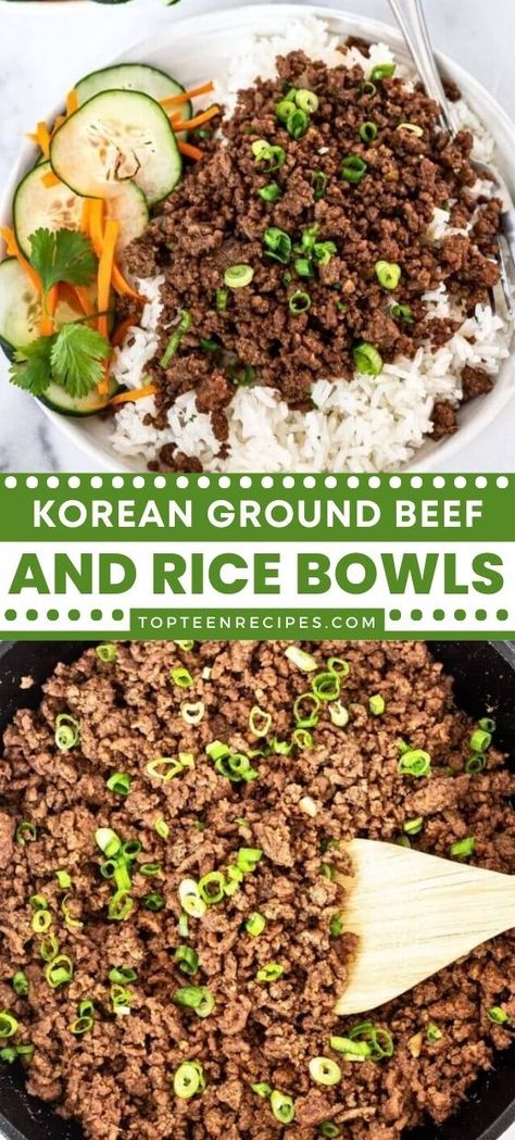 Korean Ground Beef and Rice Bowls Korean Ground Beef Bowl, Ground Beef Bowl, Beef Bowl Recipe, Hamburger Rice, Korean Ground Beef, Ground Beef And Rice, Korean Recipe, Korean Beef Bowl, Beef Bowl