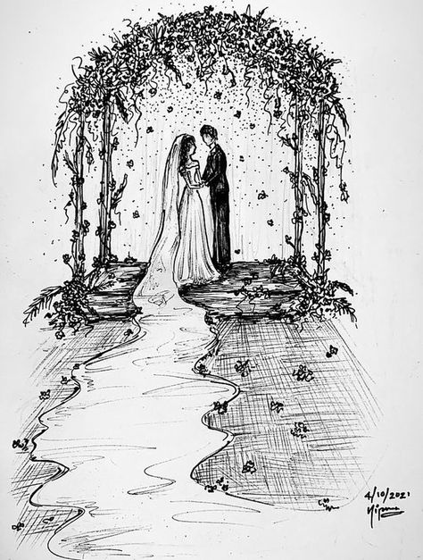 Wedding Couples Drawing Art, Wedding Drawing Art Sketch, Marriage Painting Ideas, Wedding Sketches Illustration, Marriage Drawing Couple, Wedding Sketch Couple Drawing, Wedding Venue Drawing, Relationship Drawings Easy, Wedding Sketch Couple