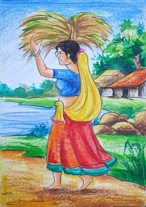 Scenery Drawing With Human, Scenery Painting With Human, Village Women Drawing, Village Landscape Drawing, Easy Human Drawings, Pastel Scenery Drawing, Oil Pastel Scenery, Village Scenery Drawing, Pastel Scenery