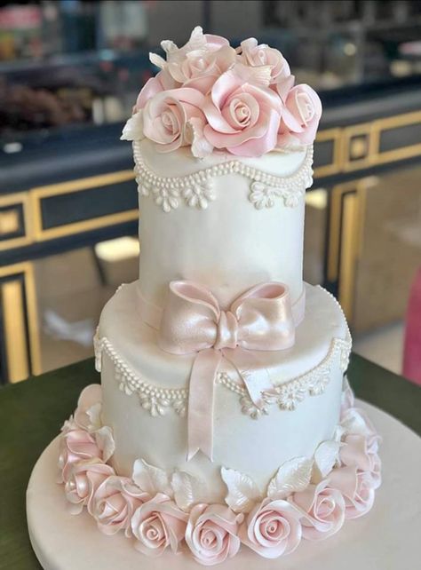 Pink Theme Wedding Cake, 3 Tier Quinceanera Cake, 3 Tier Vintage Cake, Pink Cake Wedding, Quince Cakes Quinceanera, Light Pink Wedding Cake, Pink Wedding Cakes, Quince Cakes, Quince Cake