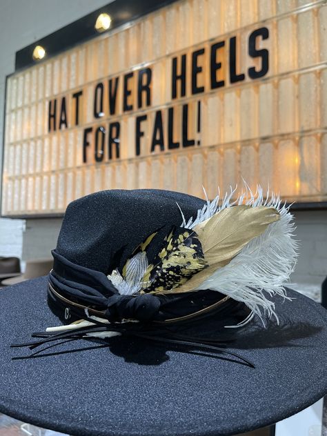 Custom Hat Bar Ideas, Mobile Hat Bar, Artisan Hats For Western-themed Fall Events, Fall Fedora Felt Hat For Western-themed Events, Handmade Fall Hat For Western-themed Events, Hat Bar Display Ideas, Custom Brimmed Fedora For Western-themed Events, Hat Bar, Sadie Hawkins