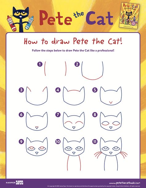 How to draw Pete the Cat! - Pete the Cat Pete The Cat Kindergarten, Pete The Cat Art Project, Pete The Cat Back To School Activities, Pete The Cat First Day Of School, Pete The Cat Template Free Printables, How To Draw Pete The Cat, Pete The Cat Drawing, Pete The Cat Crayons Rock Activities, Pete The Cat Sunglasses Craft