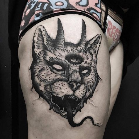 Geometric Cat Tattoo, Rip Tattoos For Mom, Small Thigh Tattoos, Dynamic Tattoo, Feminine Skull Tattoos, Feminine Tattoo Sleeves, Goth Tattoo, Cat Tattoo Designs, Dark Tattoo